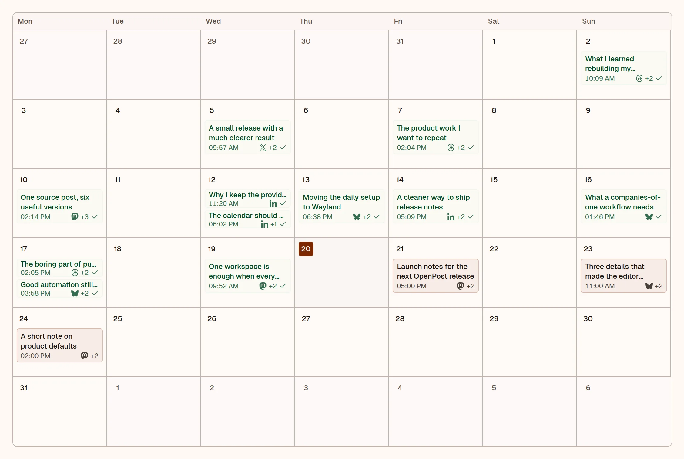 OpenPost calendar showing scheduled posts across channels